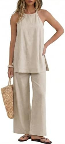 UNCOOYEE Womens 2 Piece Linen Outfits Halter Neck Sleeveless Side Split Top Wide Leg Pants Set Ca... | Amazon (US)