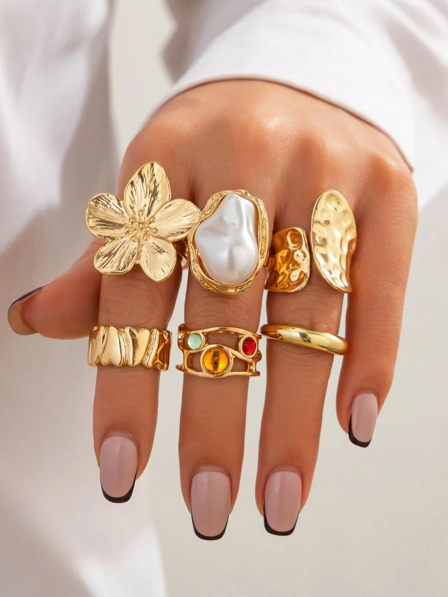 6pcs/Set Vintage Metal Flower & Gemstone Decor Ring Set, Women Elegant Baroque Faux Pearl Rings, ... | SHEIN