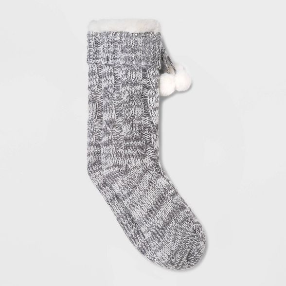 Women's Sequin Twist Sherpa Lined Slipper Socks with Faux Fur Poms & Grippers - 4-10 | Target
