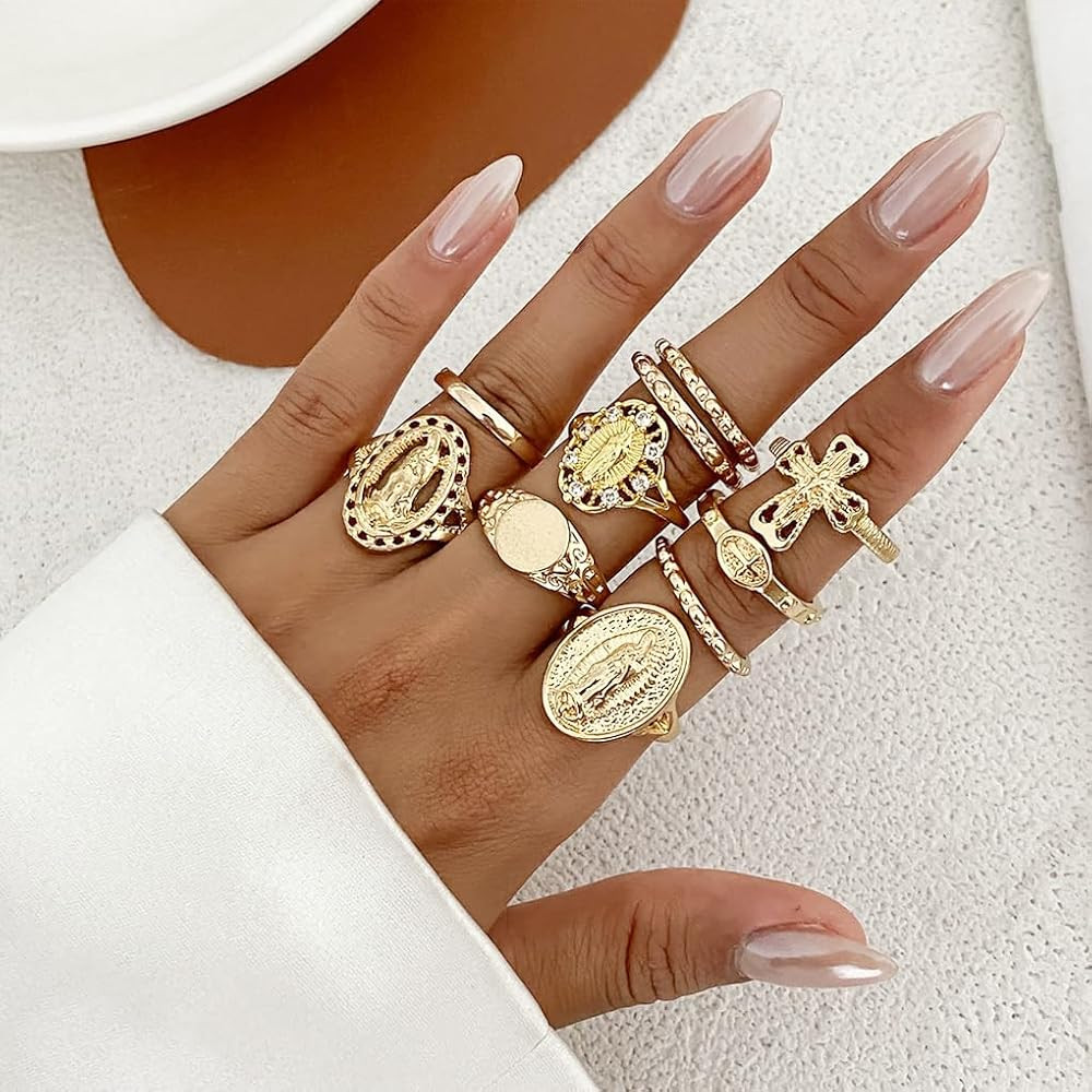Vintage Gold Virgin Mary Cross Rings Set for Women,10Pcs Chunky Stackable Cross Knuckle Rings Set... | Amazon (US)