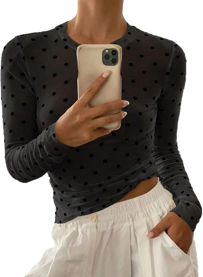 Women Trendy Crew Neck Polka Dot Sheer Mesh Blouse Sexy Slim Fit Long Sleeve See Through Crop Shi... | Amazon (US)