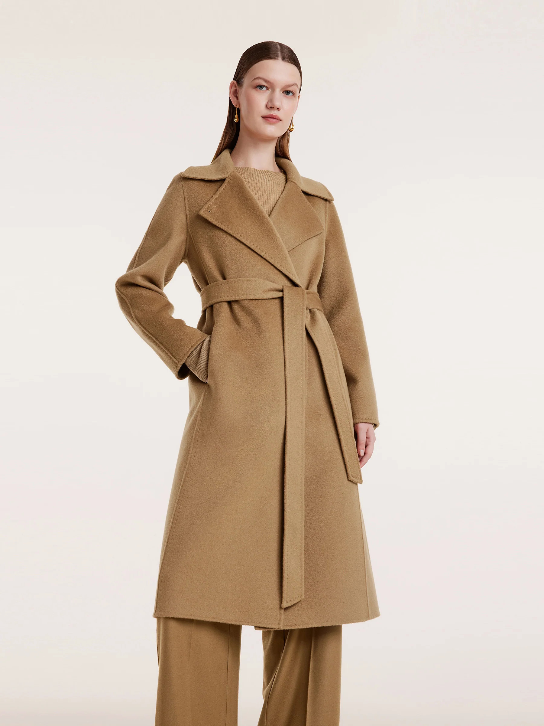 Camel Pure Cashmere Lapel Women Coat - Camel / L | GOELIA