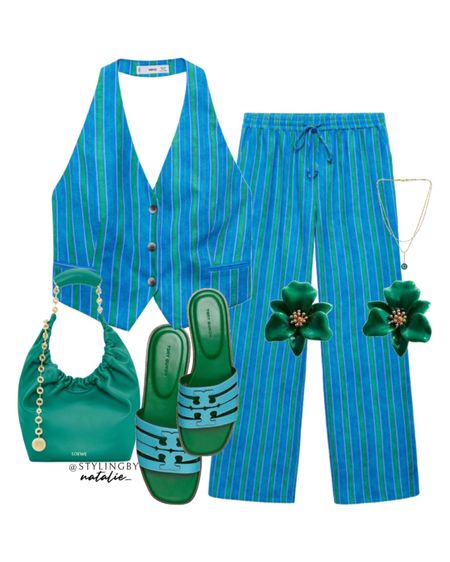 Green and blue stripe co ord set, waistcoat, trousers, Loewe bag, flowery earrings. Holiday outfits, vacation outfit, summer outfit idea, sandals.

#LTKtravel #LTKstyletip #LTKsummer
