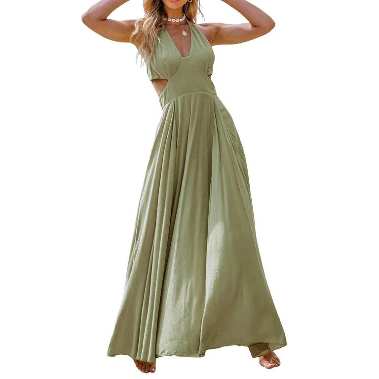 CUPSHE Women's Plunging halter neckline Sleeveless Waist cutouts Maxi Dress | Walmart (US)