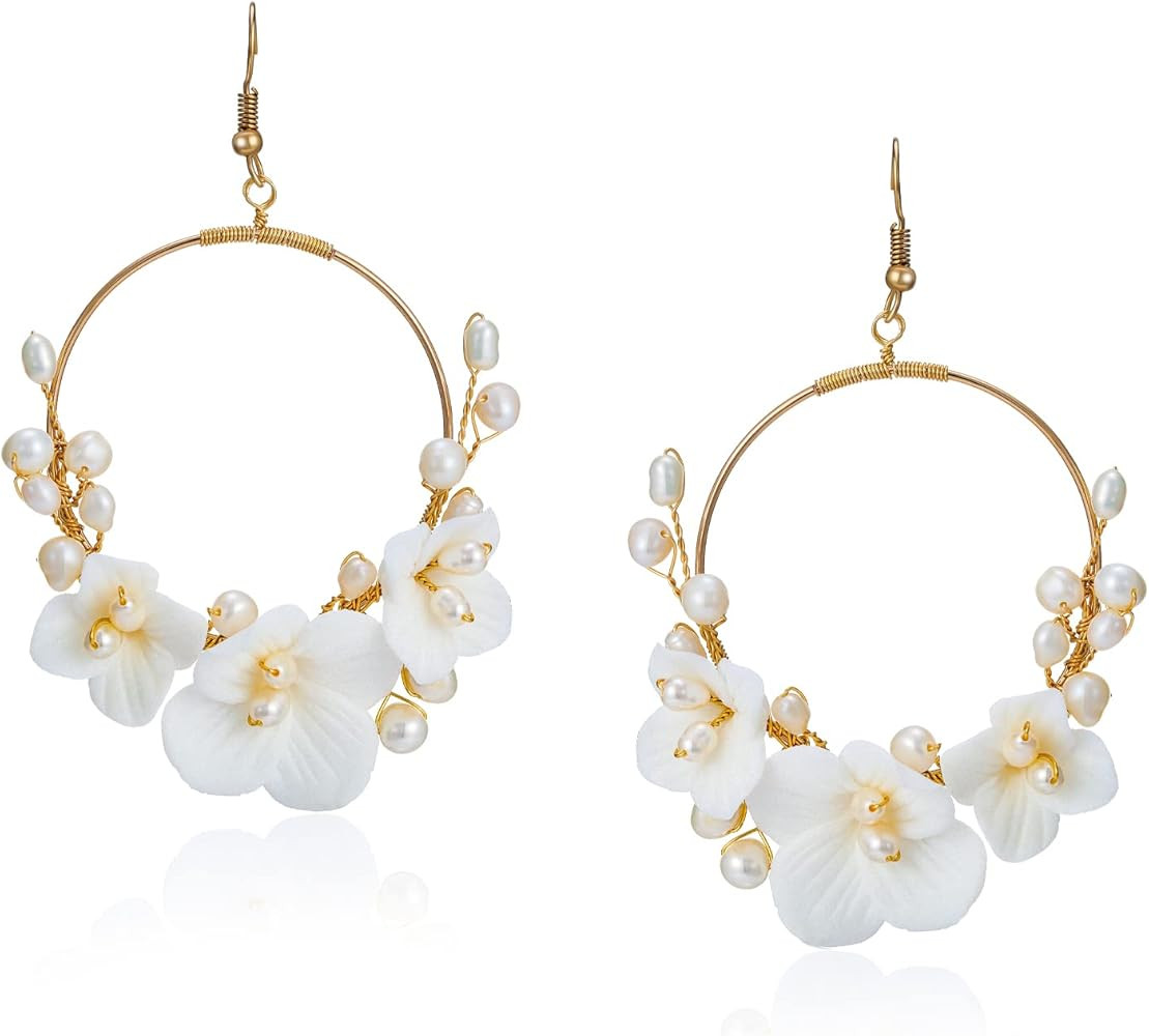 SWEETV Wedding Pearl Floral Earrings for Brides, Gold Drop Dangle Statement Handmade Earrings for... | Amazon (US)