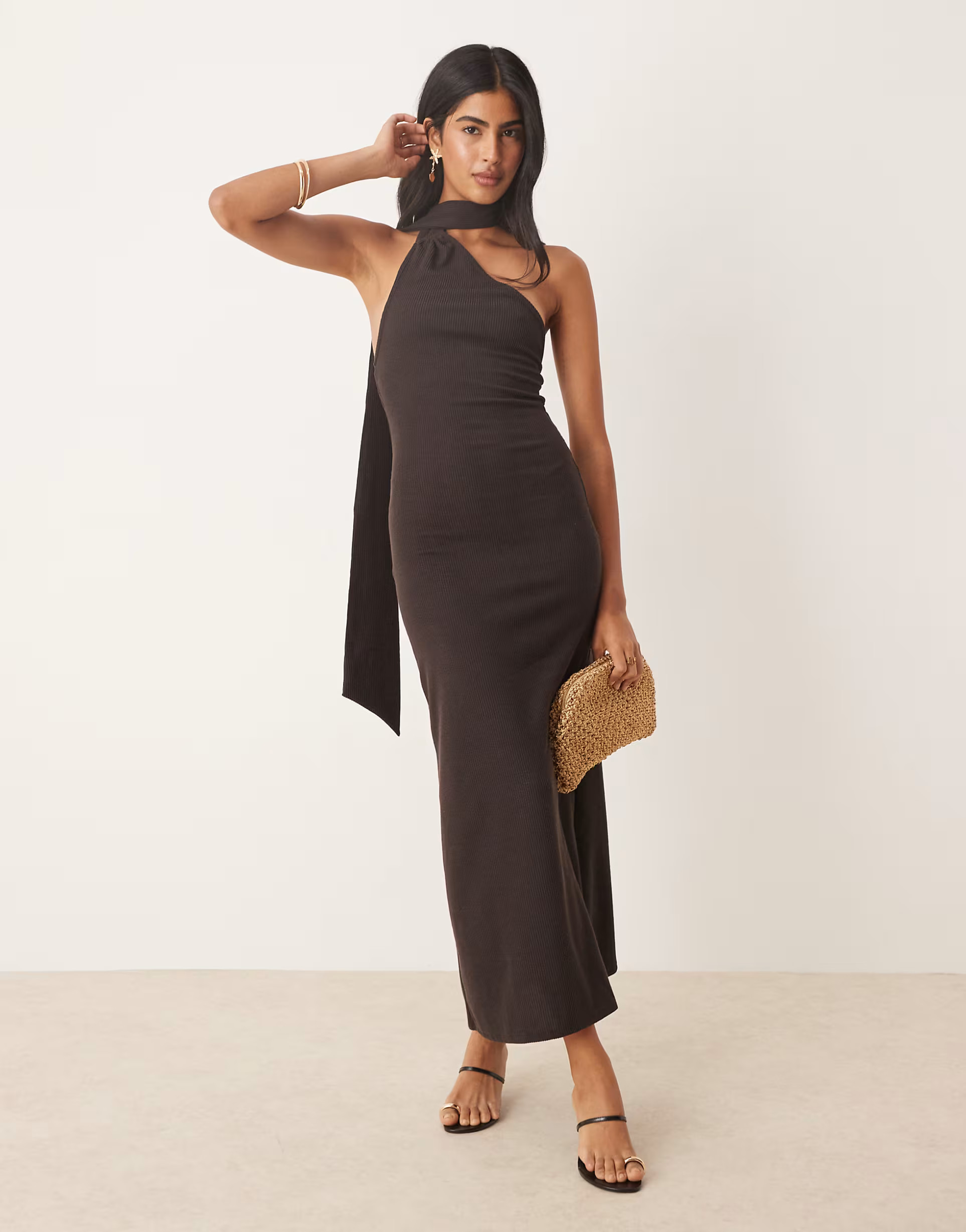 ASOS DESIGN ribbed one shoulder neck scarf midi dress in chocolate | ASOS (Global)