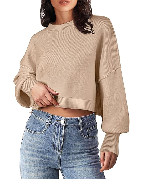 MEROKEETY Women's 2024 Crewneck Cropped Sweater Fall Batwing Sleeve Oversized Side Slit Ribbed Kn... | Amazon (US)