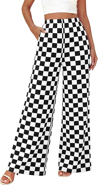 BTFBM Womens Checkered Palazzo Pants Wide Leg High Waisted Pockets Gingham Casual Lounge Pajama T... | Amazon (US)