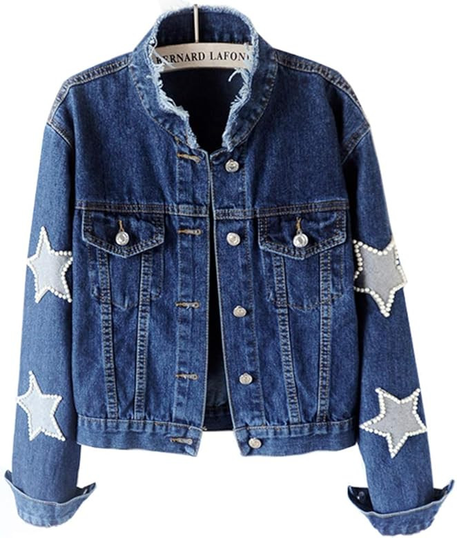 Women's Star Embroidered Rivet Pearl Denim Jacket Coat | Amazon (US)