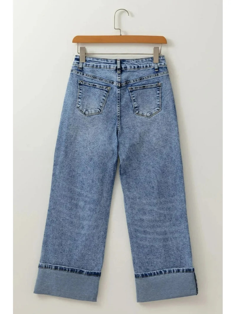 Womens High Waisted Wide Leg Jeans With Cuffed Hem Denim Trousers Versatile Fit Flattering Casual... | Walmart (US)