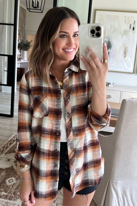 Wearing small in white tee and fall flannel  (HBDALEXA20 works for 20% off at Red Dress until 8/25/23 at noon) // shorts old from Abercrombie // boots tts // casual fall outfit 

#LTKunder50 #LTKstyletip #LTKsalealert