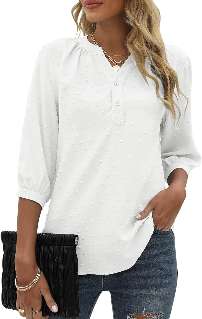 Womens Summer V Neck 3/4 Sleeve Blouses Swiss Dot Tunic Tops Casual Button Shirts | Amazon (US)