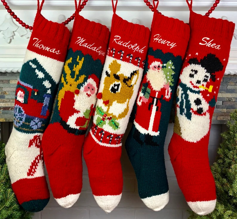 Christmas Stocking Personalized Knit Mary Maxim Bernat Custom Wool Stockings Xmas Socks Families ... | Etsy (Global)