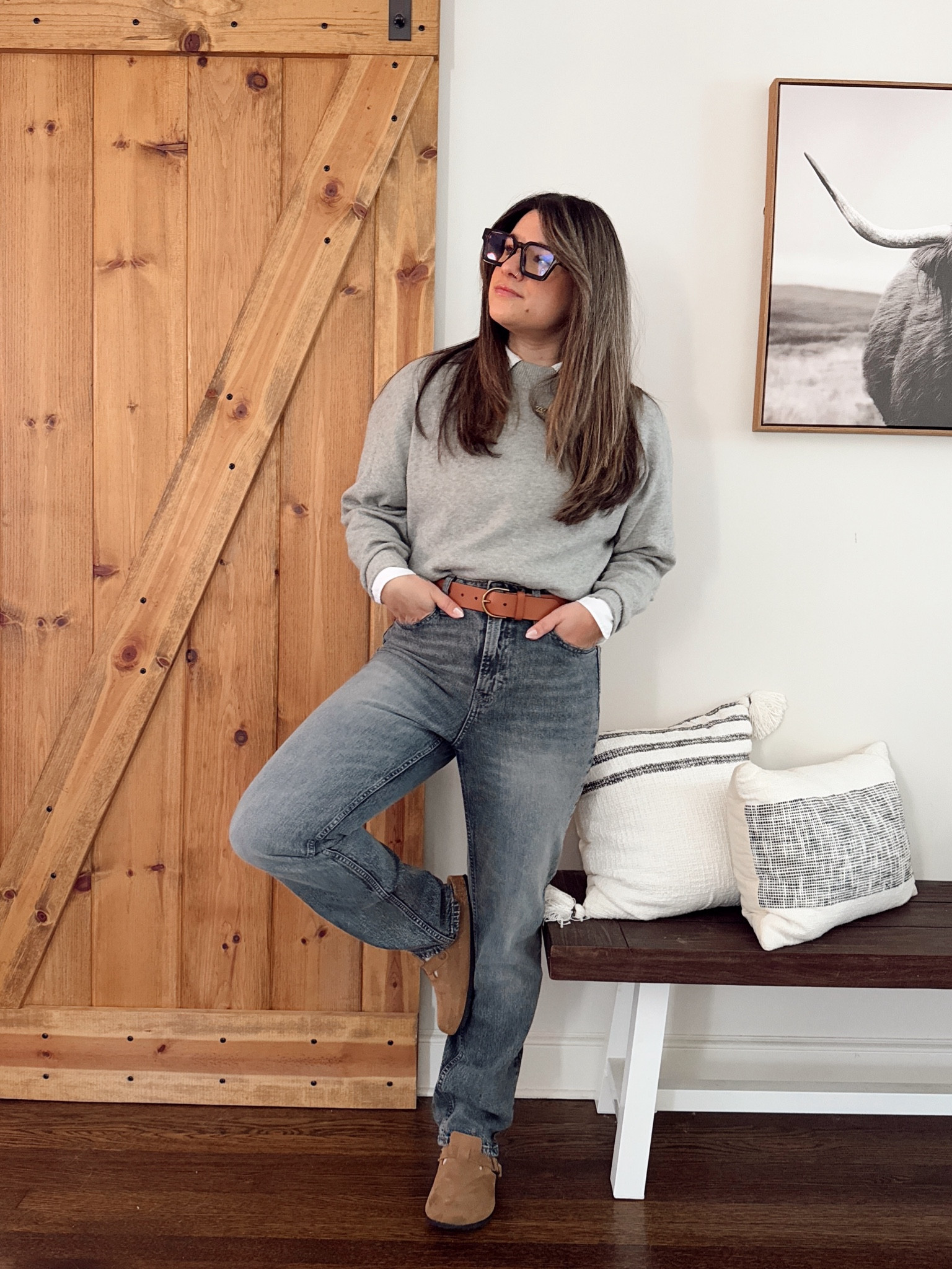 Winter preppy casual women’s outfit. Blue light glasses, hipster style, grey jeans outfit, Boston Birkenstock clogs outfit, affordable fashion

#LTKStyleTip #LTKFindsUnder50 #LTKFindsUnder100