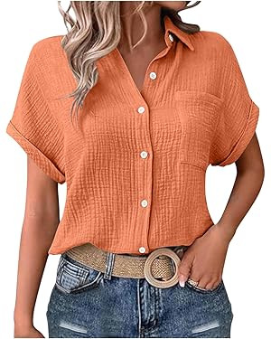 Womens Gauze Shirts Button Down Dress Shirts Casual Short Sleeve Textured Collared Summer Work Bl... | Amazon (US)