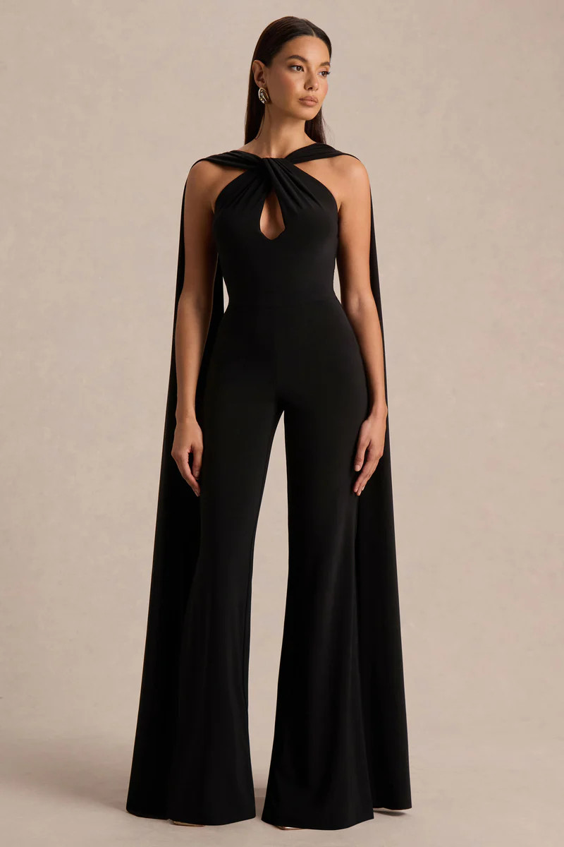 Mindy  Black Twist Halter-Neck Jumpsuit With Cape | Club L London