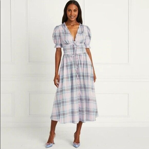Hill House The Sabrina Midi Dress Spring Plaid Sz M Puff Sleeve Button Down NWT | Poshmark
