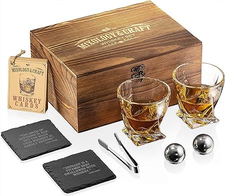Whiskey Stones Gift Set for Men | Whiskey Glass and Stones Set with Wooden Box, 2 Stainless Steel... | Amazon (US)