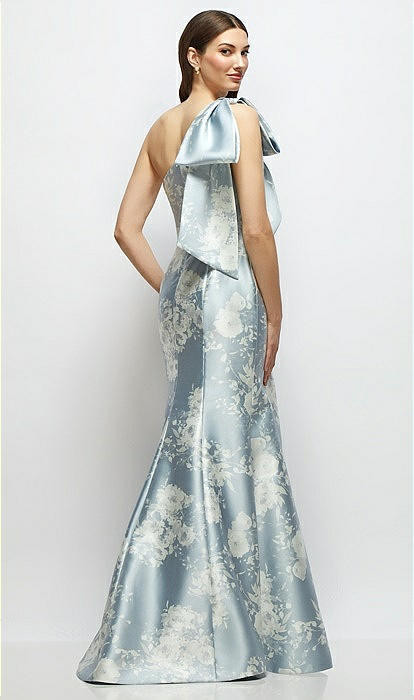 Bow One-Shoulder Satin Floral Maxi Dress with Trumpet Skirt in Porcelain Blue Seraphina Floral | Dessy Group