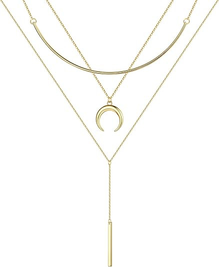 Gold Layered Necklaces for Women - 14K Gold Plated Handmade Multilayer Bar Pearls Coin Disc Moon ... | Amazon (US)
