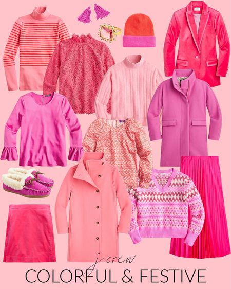 The cutest new colorful and festive outfit finds from J.Crew! The cutest pink and red striped turtleneck, bright pink coats, fuchsia slippers, pink velvet blazer and skirt, fair isle sweater, lace top, ruffle sleeve top and hot pink pleated skirt! Many are on sale right now!
.
#ltkholiday #ltkseasonal #ltksalealert #ltkworkwear #ltktravel #ltkhome #ltkunder50 #ltkunder100 #ltkstyletip Christmas outfit ideas, family photo outfit ideas, holiday outfits, colorful outfit ideas

#LTKunder100 #LTKunder50 #LTKsalealert