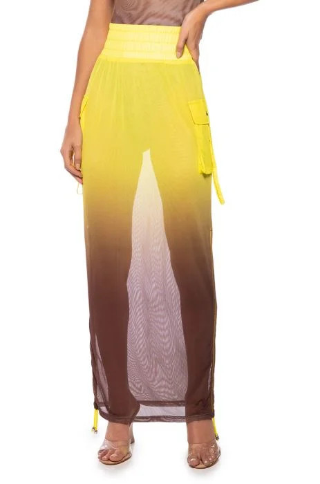 SUNSET OMBRE MESH ADJUSTABLE MIDI SKIRT IN GREEN MULTI | AKIRA