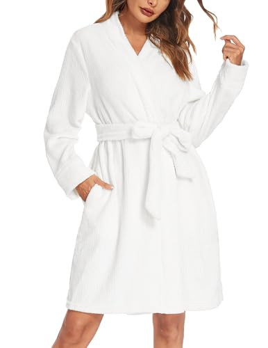 Ekouaer White Robe for Womens Knee Length Plush Lightweight Bathrobe Fleece House Robe White XXL | Amazon (US)
