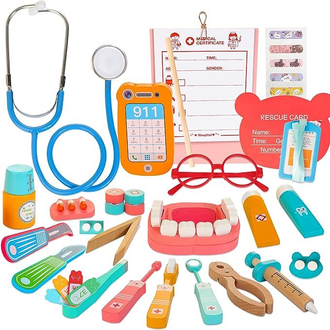 Wooden Dentist Kit for Kids, 41 Pieces Toy Medical Kit with Stethoscope & Medical Storage Bag, Mo... | Amazon (US)