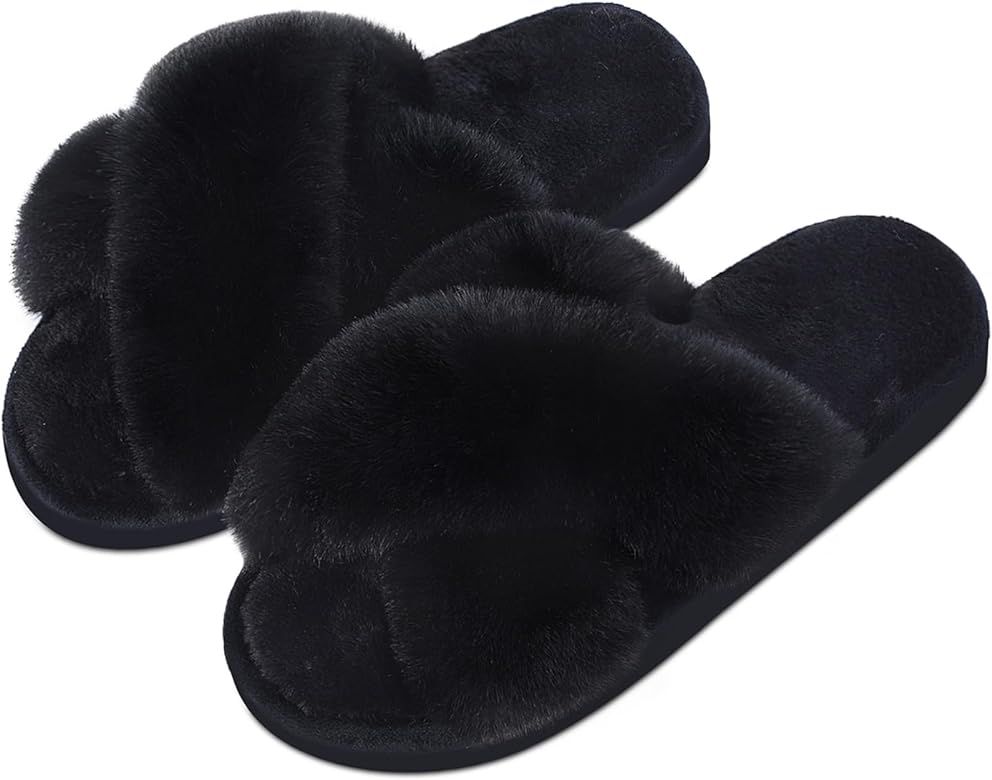 Parlovable Women's Cross Band Slippers Fuzzy Soft House Slippers Plush Furry Warm Cozy Open Toe F... | Amazon (US)