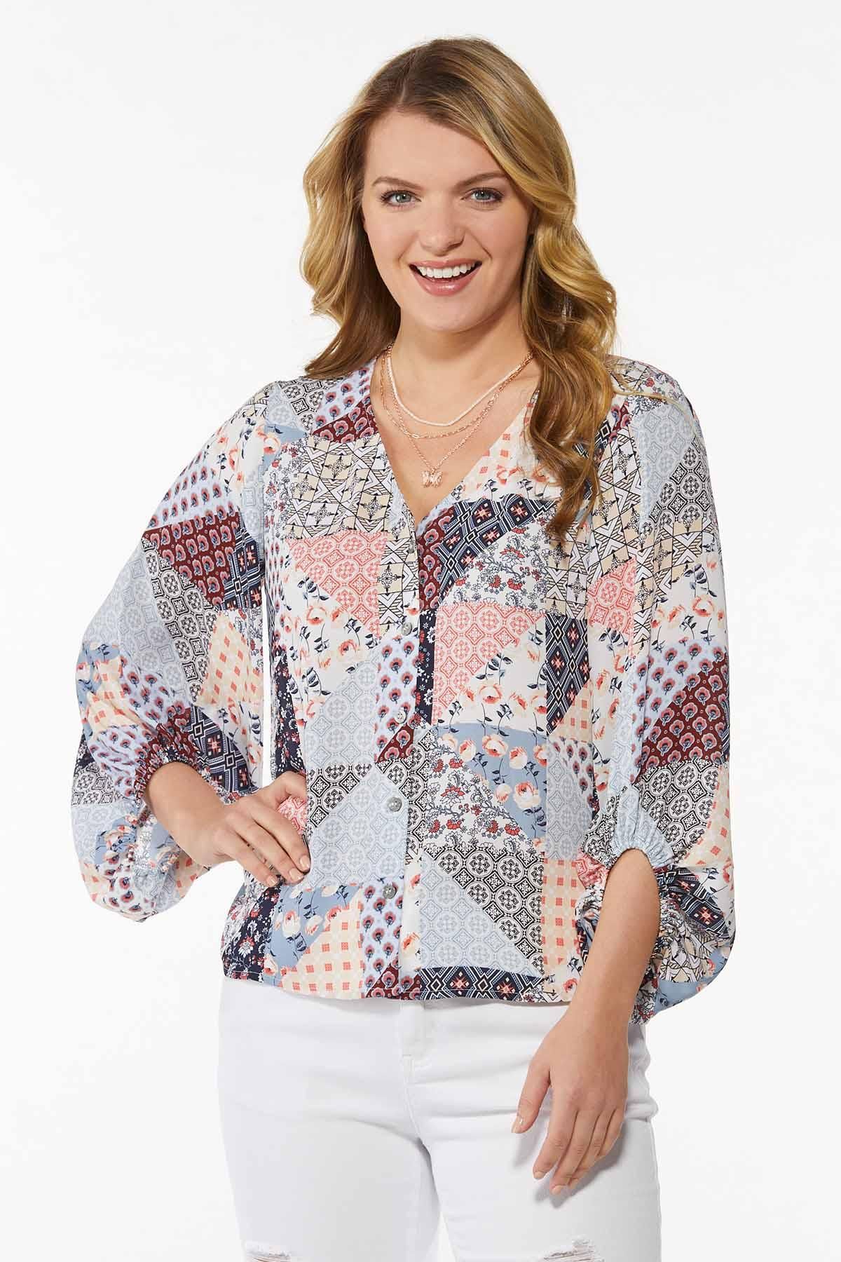 Patchwork Balloon Sleeve Top | Cato Fashions
