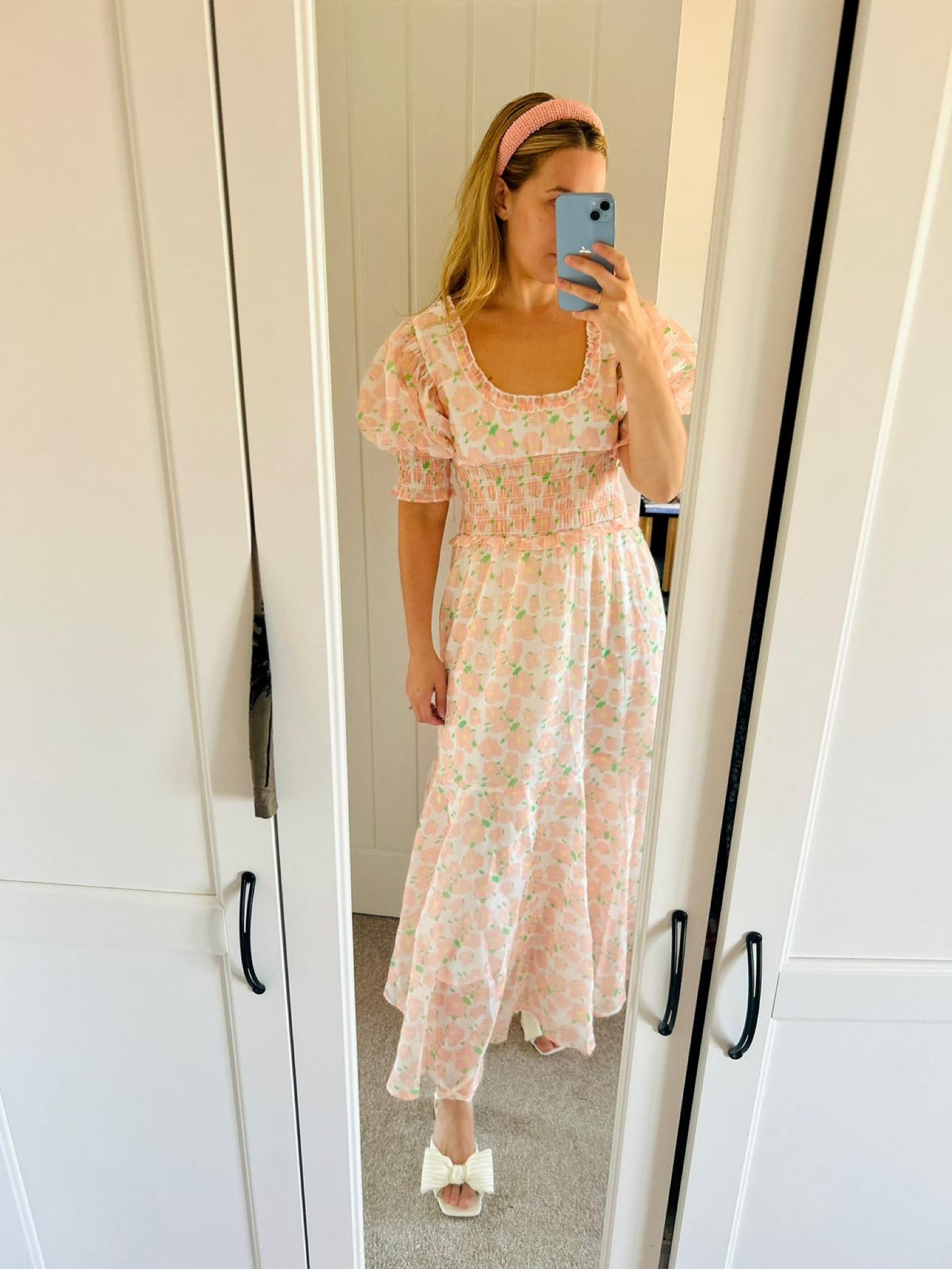 Pink beaded headband, white bow heels, heeled sandals, pink floral puff sleeve dress, maxi dress, asos, wedding guest dress

#LTKstyletip #LTKeurope #LTKSeasonal
