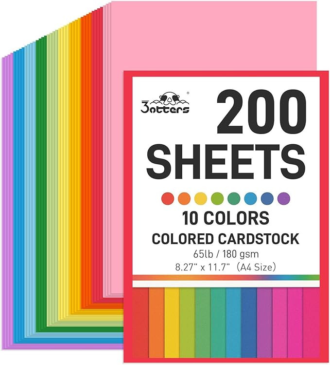 3 otters 200Sheets Construction Paper, Cardstock 8.27" x 11.7", 10 Assorted Colors Card Stock Pri... | Amazon (US)