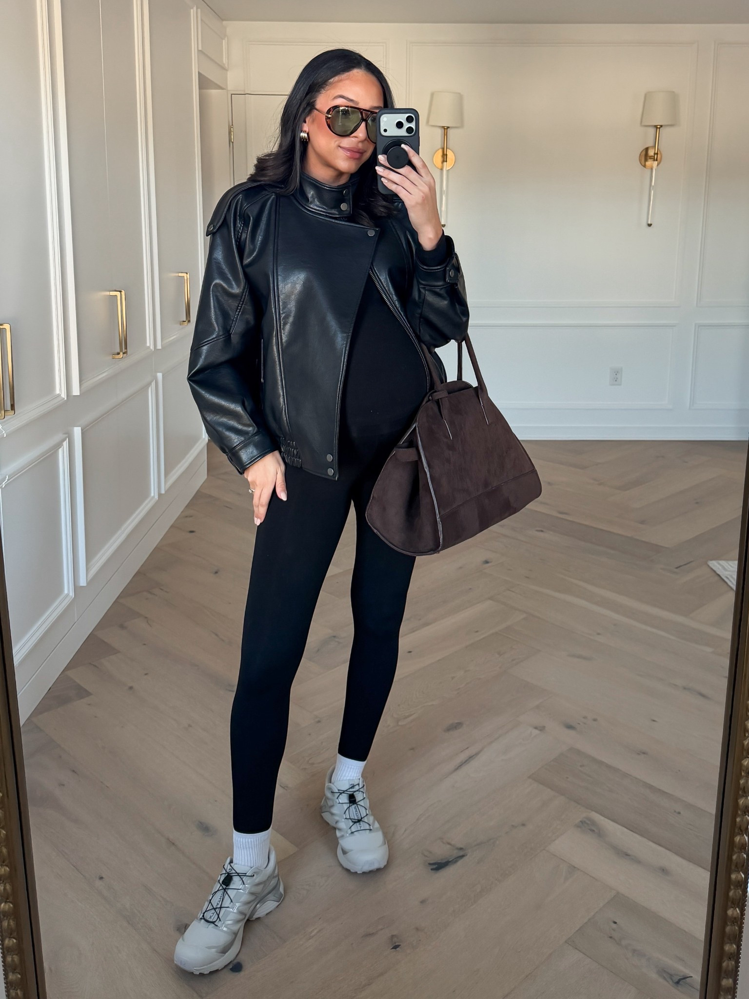 Casual winter outfit for running errands! Size S leather jacket (fits oversized), S tee, S maternity leggings, sneakers fit TTS!

Winter fashion
Winter style
Work from home outfit 
Casual outfit 
Bump friendly outfit 

#LTKBump #LTKSeasonal