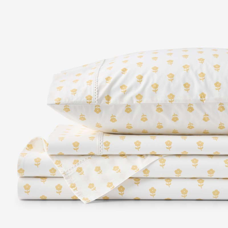 Mini-Prints Garment Washed Cotton Percale Bed Sheet Set - Flowers Yellow, Queen | The Company Store
