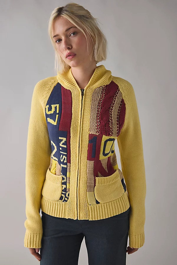 BDG Scottie Varsity Graphic Knit Zip-Up Collared Cardigan in Yellow, Women's at Urban Outfitters | Urban Outfitters (US and RoW)