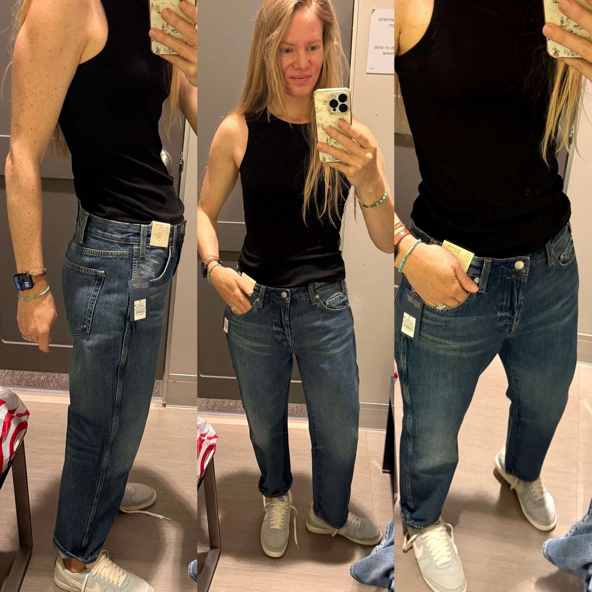 Target jeans

Size reference 5’ 9” 140 lbs

Black tank - medium

Boyfriend jeans - wearing a 6 regular length. Wanted to try a 4 but my store was out. These jeans feel like $200 jeans and are currently on sale for $28!!
They come in other washes and 3 inseam lengths.

#LTKTall #LTKOver40 #LTKSaleAlert