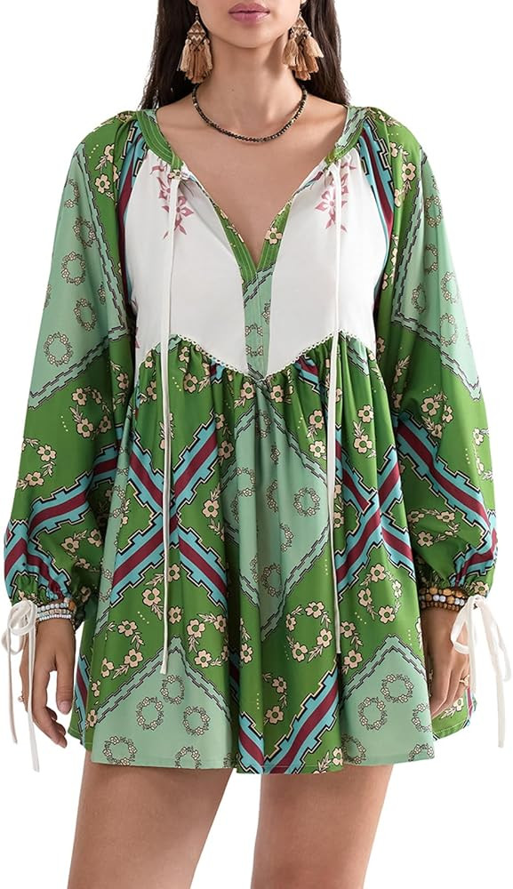 Women Y2K Boho Floral Mini Dress Puff Sleeve V Neck Short Dress Babydoll Flowy Dress Summer Vacat... | Amazon (US)