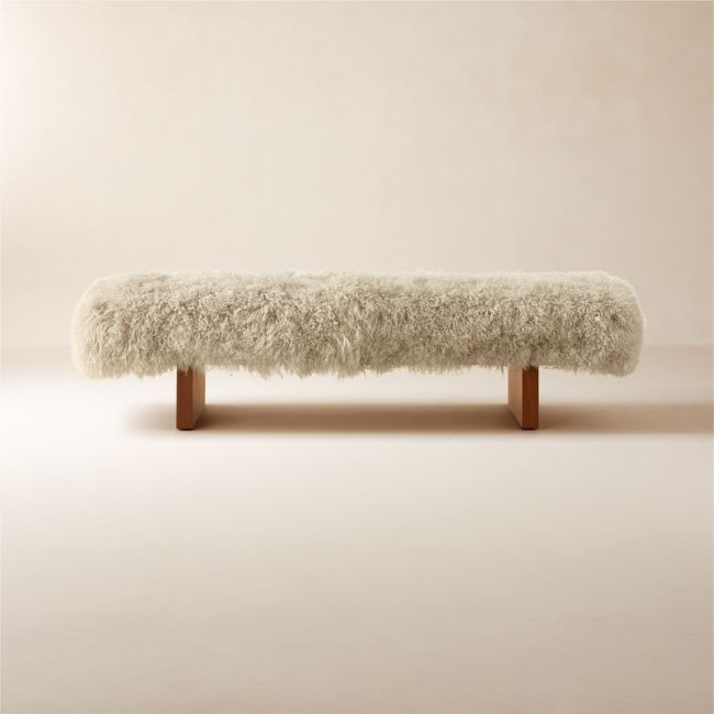 Socca 67'' Taupe Sheepskin Upholstered Bench | CB2