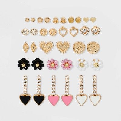 Heart and Beaded Cubic Zirconia Flower Stud Earring Set 18pc - Wild Fable™ Gold | Target