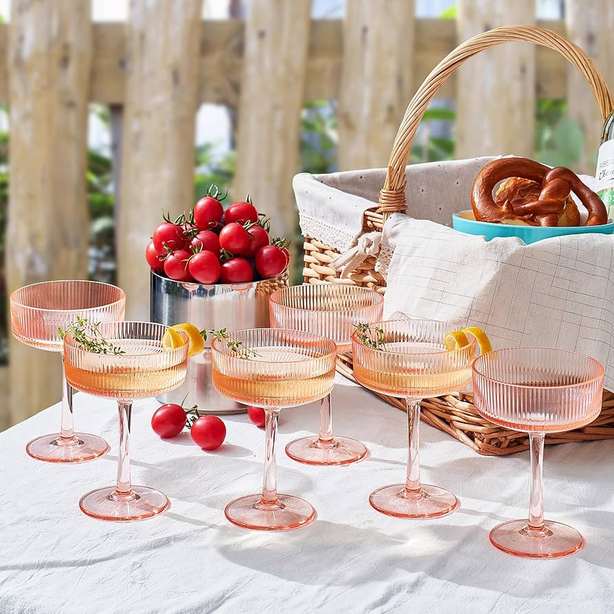Khen Shatterproof Acrylic Ribbed Vintage Art Deco Martini, Champagne & Cocktail Pink Peach Tint C... | Amazon (US)