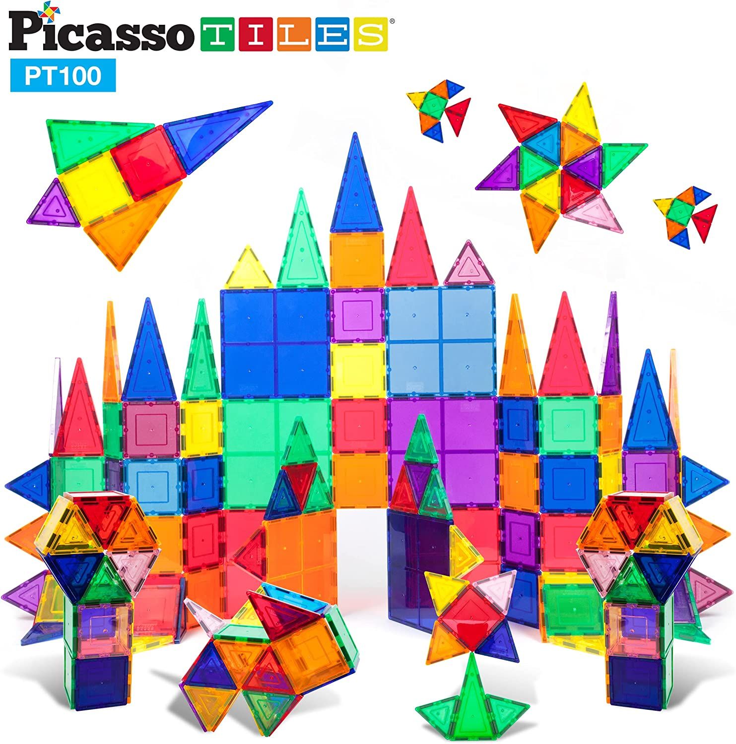PicassoTiles 100 Piece Set 100pcs Magnet Building Tiles Clear Magnetic 3D Building Blocks Constru... | Amazon (US)