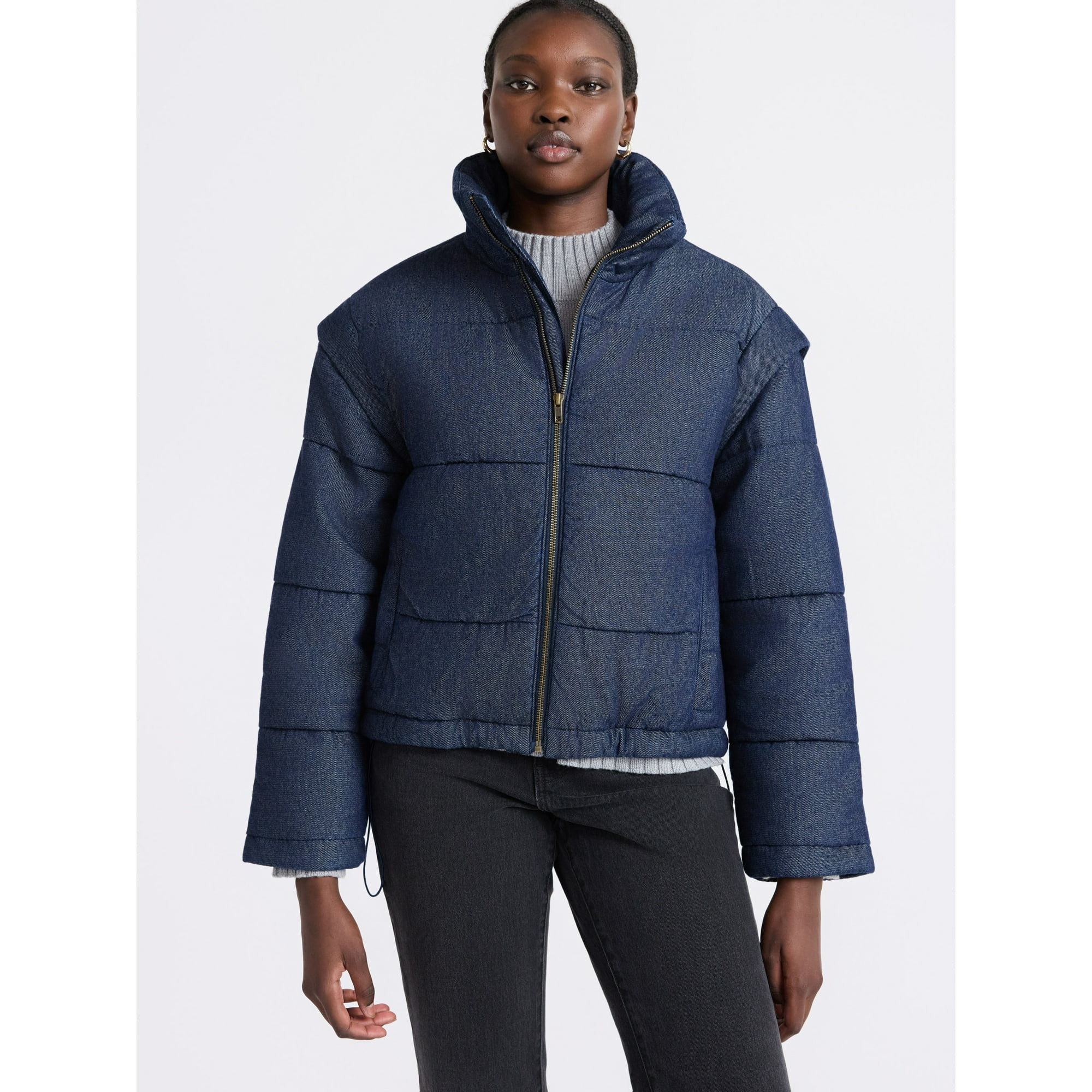 Free Assembly Women's and Women's Plus Short Denim Puffer Jacket, Sizes XS-4X | Walmart (US)