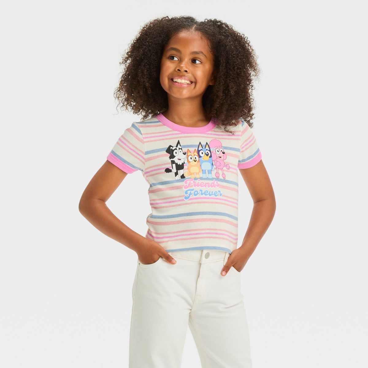 Girls' Bluey & Friends Striped Short Sleeve Graphic T-Shirt - Pink/Ivory | Target