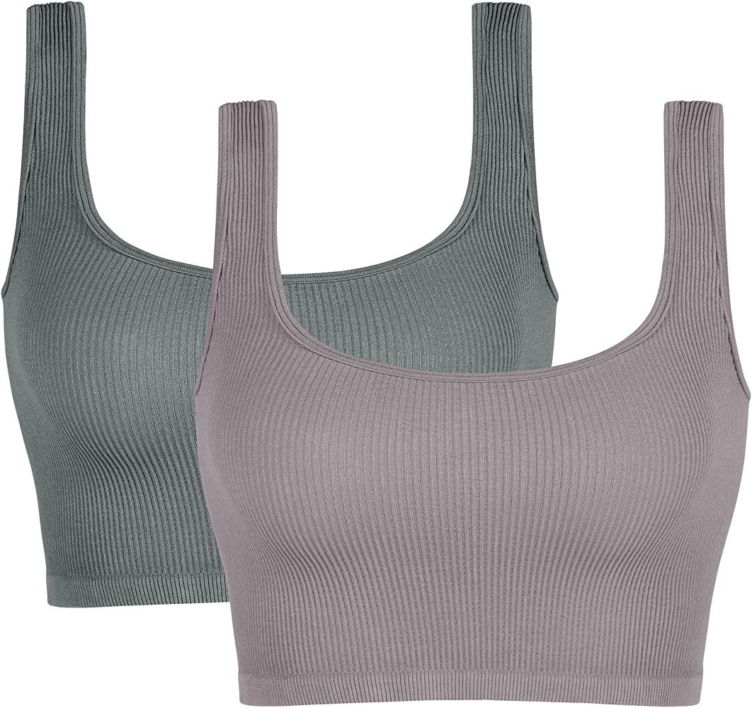 ODODOS Women's Seamless Crop Tank 2-Pack Ribbed Knit Square Neck Cropped Tops Casual Open Back Cami | Amazon (US)