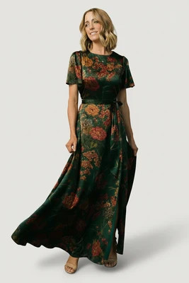 Agnes Satin Maxi Dress | Dark Green Floral | Baltic Born