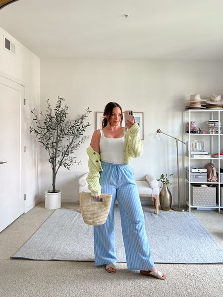Really always looking for comfy flowy pants for Spring and summer. These pants are super light weight, they feel like your favorite summer pj pants! I sized up to a large for more room in hips/butt- these pants do not  stretch.

Bodysuit medium, cardigan small, new skims bra that is seamless!

#LTKfindsunder100 #LTKSeasonal #LTKmidsize