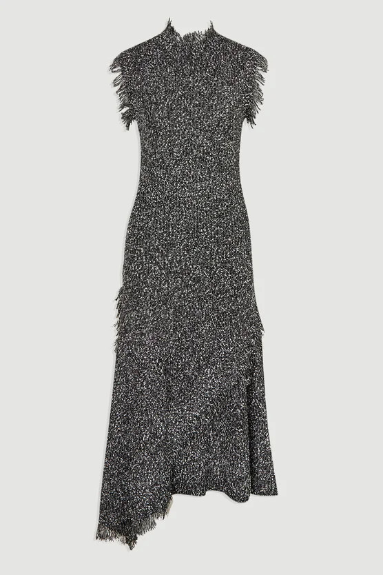 Tweed Yarn Fringe Trim Knitted Dress | Karen Millen US