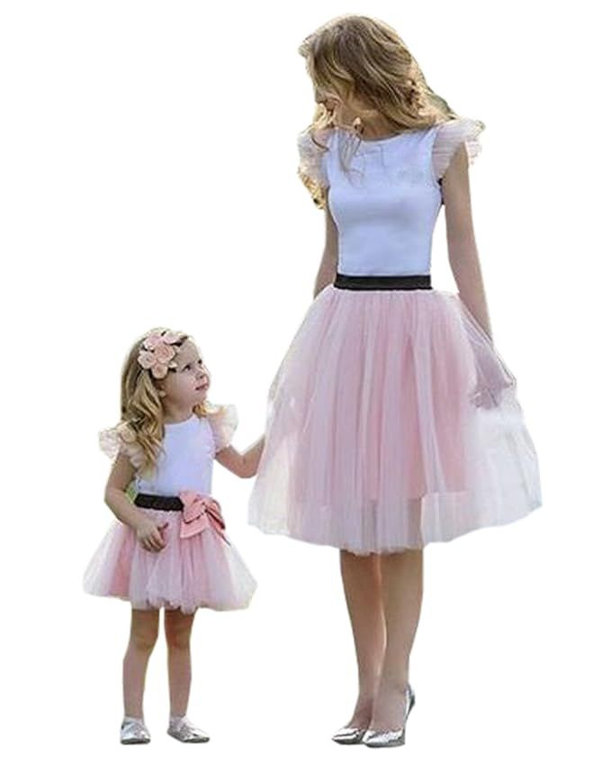 Family Matching Mom Baby Girls White Tshirt Top and Pink Tutu Skirt Clothing Sets | Amazon (US)