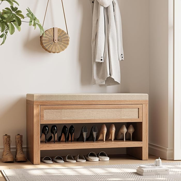 Amazon.com: astimey 32\u201d Shoe Bench with Storage Drawer, Farmhouse Entryway Bench with Linen ... | Amazon (US)