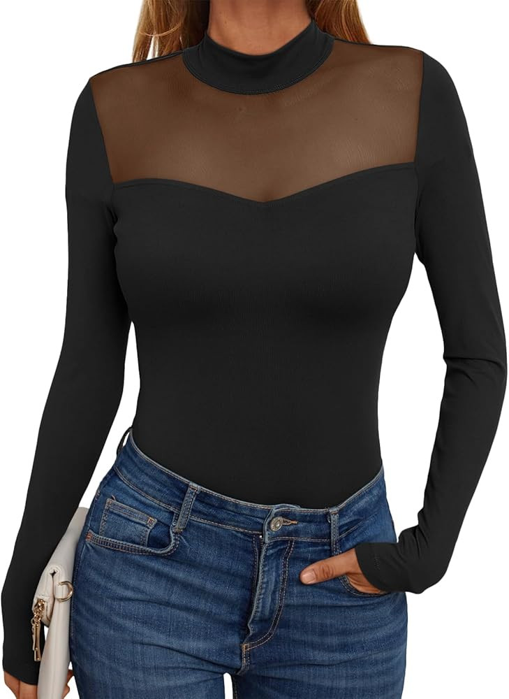 AUTOMET Womens Sheer Sexy Mesh Tops Long Sleeve Shirt See Through Shirt Club Outfit Mock Neck Top... | Amazon (US)